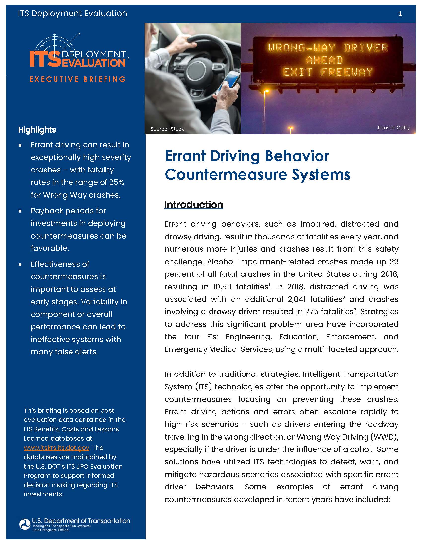 Cover Page of the Errant Driving Behavior Countermeasure Systems Executive Briefing