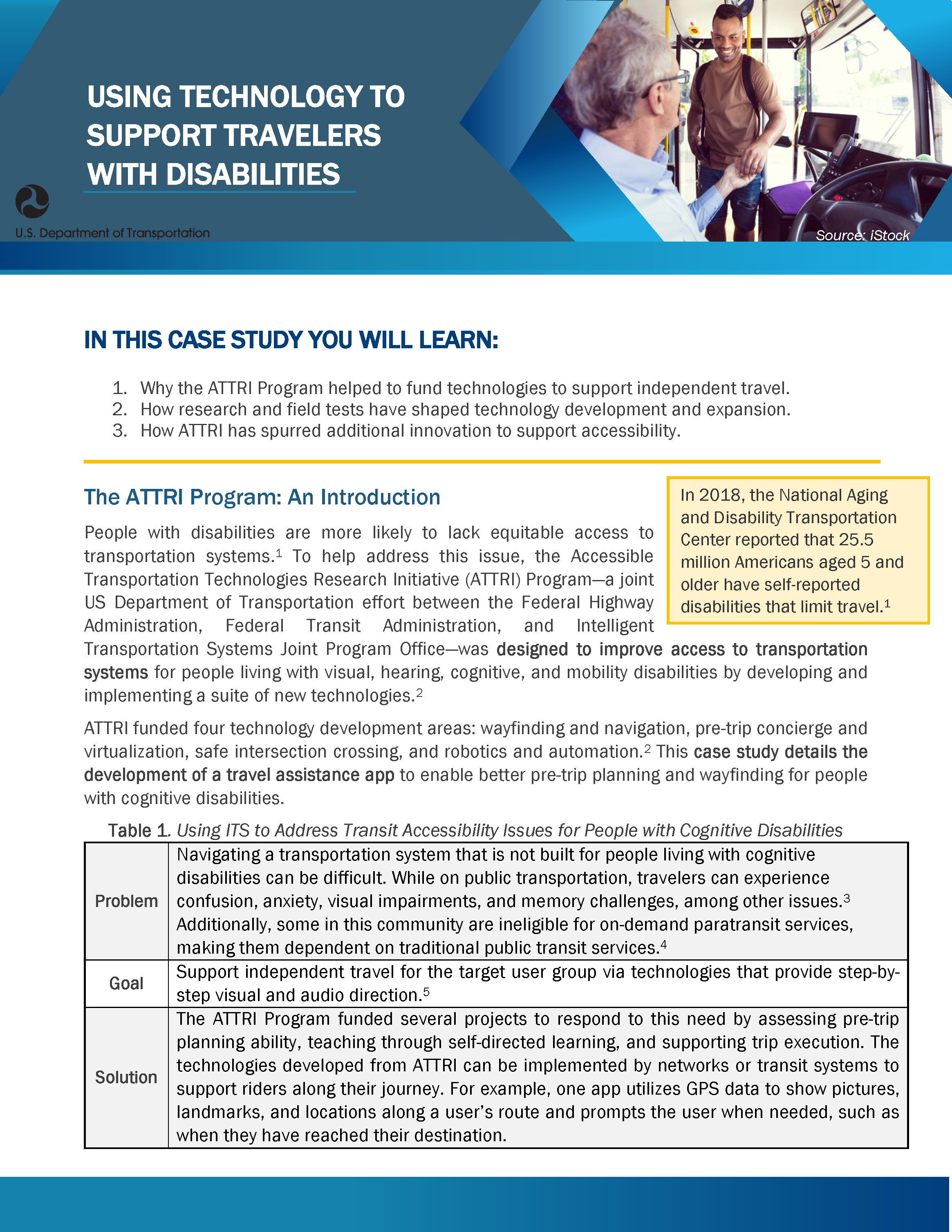 This case study discusses "Using Technology to Support Travelers with Disabilities." This image is of the first page of the case study.