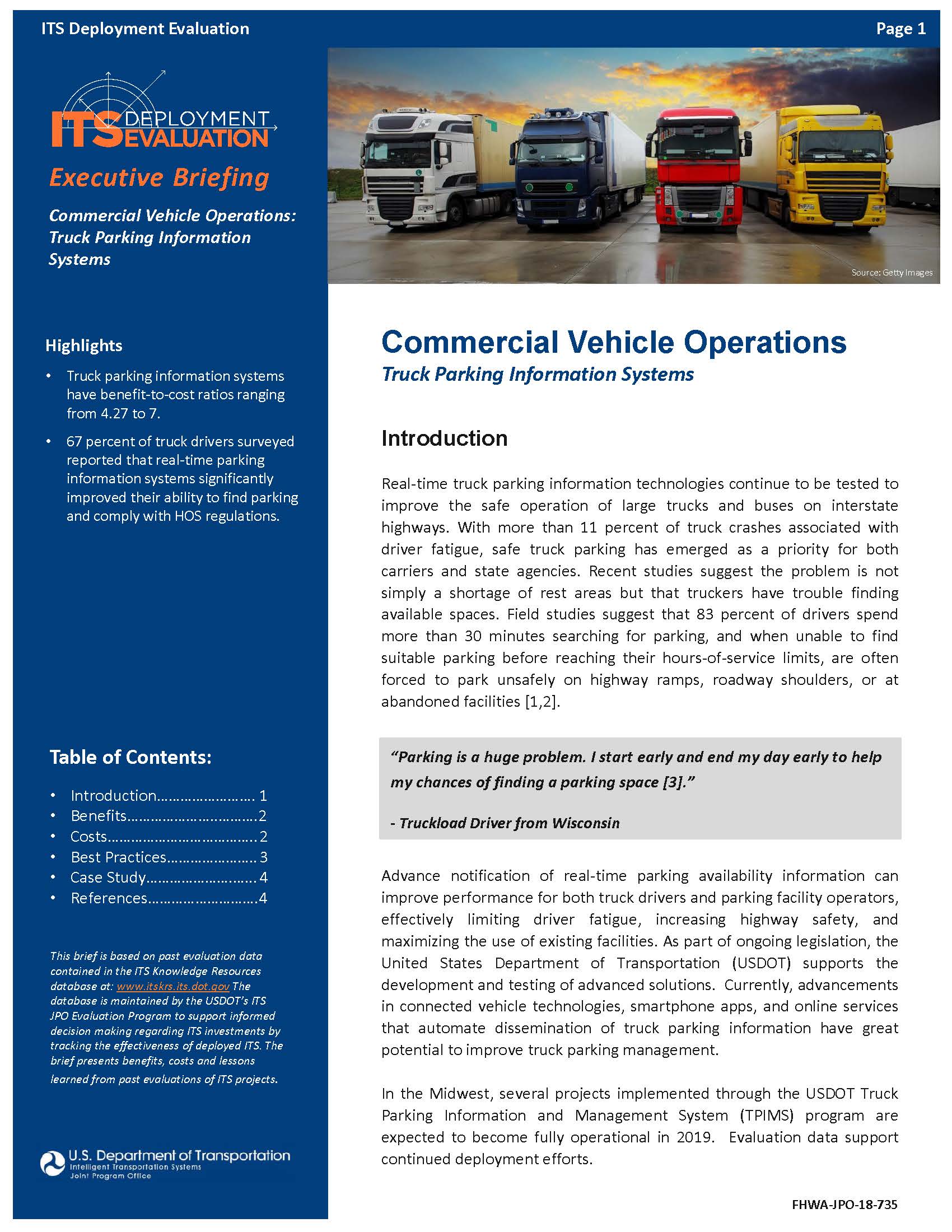 Cover Page of the Commercial Vehicle Operations: Truck Parking Information Systems 2019 Executive Briefing
