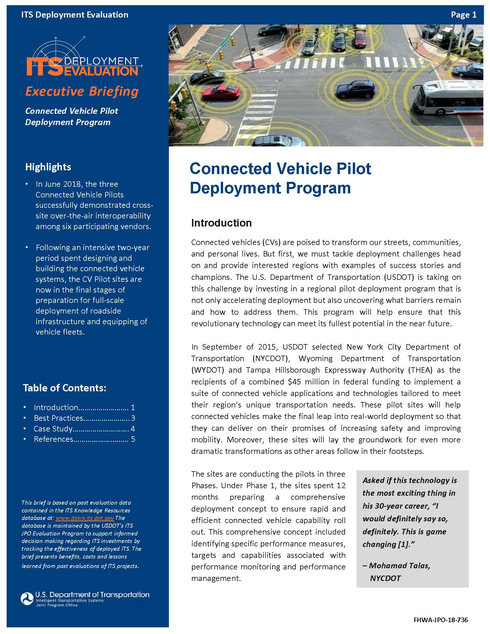 Cover Page of the Connected Vehicle Pilot Deployment Program Executive Briefing