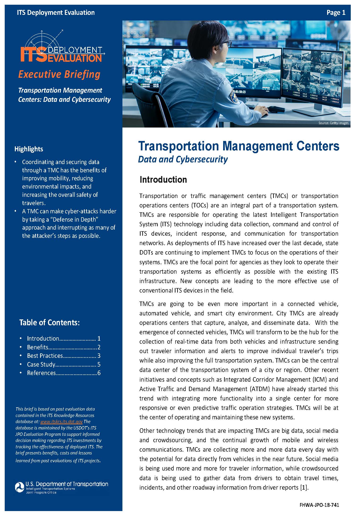 Cover Page of the Transportation Management Centers: Data and Cybersecurity Executive Briefing