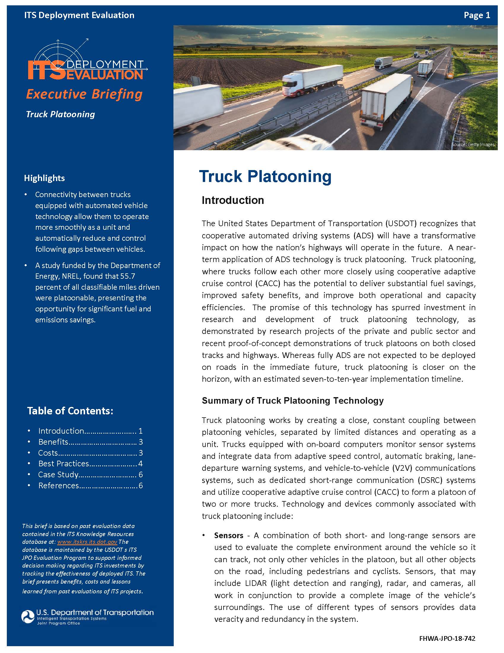 Cover Page of the Truck Platooning Executive Briefing
