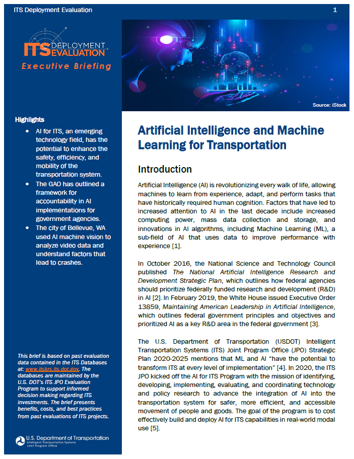 Cover Page for the Artificial Intelligence and Machine Learning for Transportation Executive Briefing