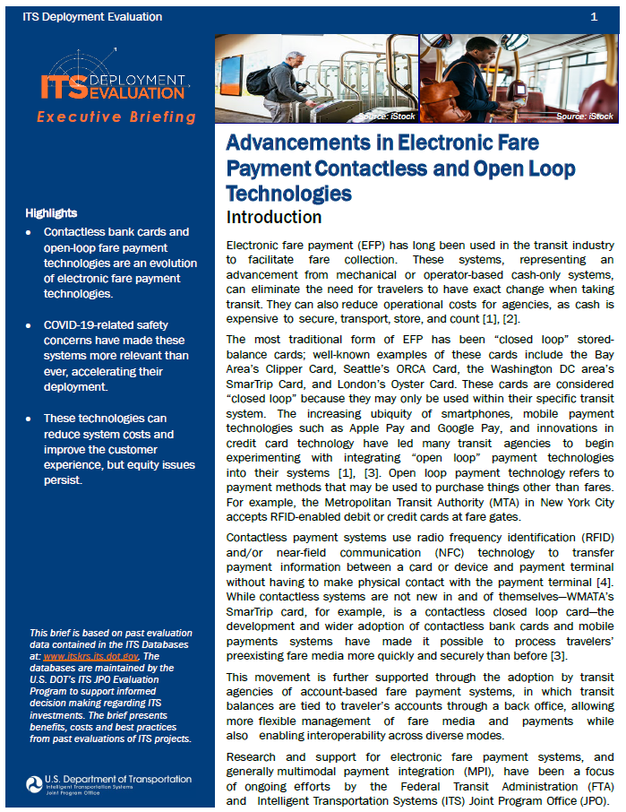 Cover Page for the Advancements in Electronic Fare Payment: Contactless and Open Loop Technologies Executive Breifing