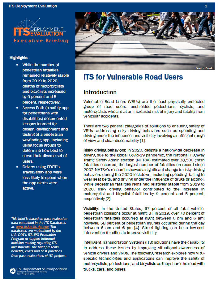 Cover Page of ITS for Vulnerable Road Users Executive Briefing