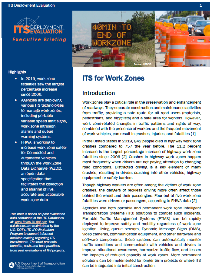 Cover Page of ITS for Work Zones Executive Briefing