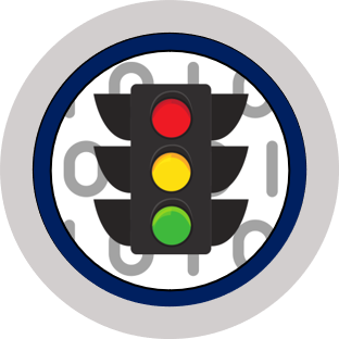Graphic. Circular graphic for adaptive signal control. Shows a traffic signal with one's and zero's behind.