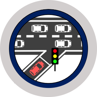 Graphic. Circular graphic for ramp metering. Shows a car waiting to merge onto a frewway waiting at a traffic signal.