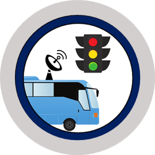 Graphic. Circular graphic for transit signal priority. Shows a bus with a satellite dish on top sending signals to a traffic signal