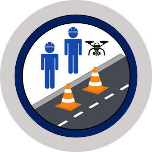 Graphic. Circular graphic for work zone ITS. Shows a two construction workers by the road with an aerial drone flying.