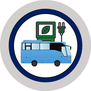 Graphic. Circular graphic for electric bus fleets. Shows a bus in front of a green charging station with a leaf on the screen.