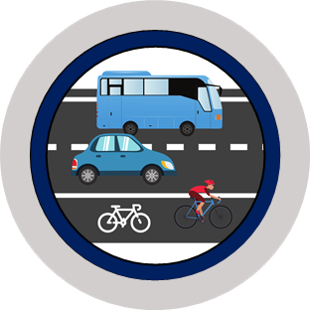 Graphic. Circular graphic for integrated management. Shows a road with a bus in one lane, sedan in the other lane, and a cylcist in the bike lane.