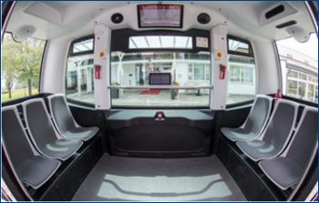 Interior view of a driverless shuttle - showing open seating for 6. 