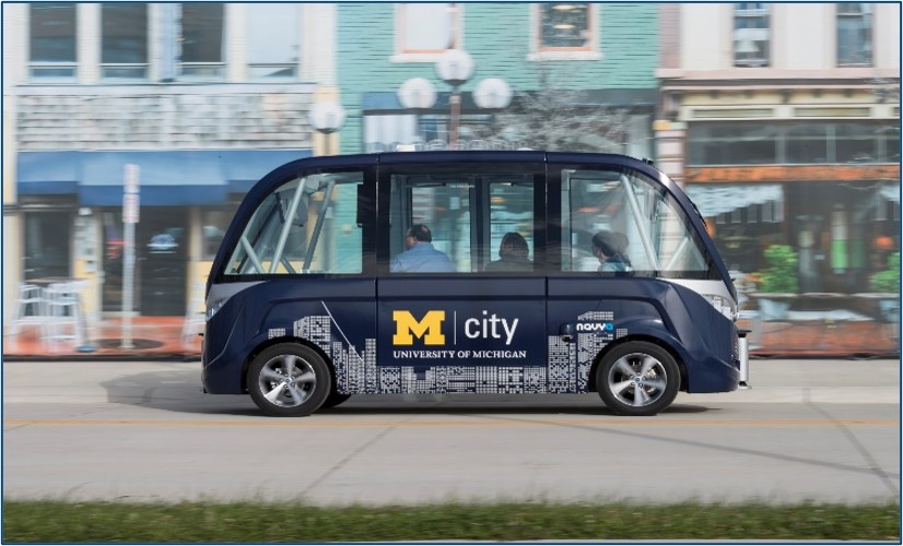 The Arma, a driverless electric shuttle, is being tested at University of Michigan’s Mcity Test Facility. 