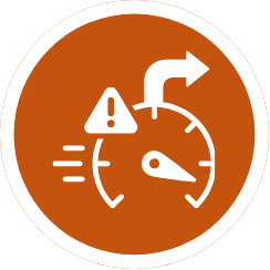 Speed gauge with the needle pointing all the way to the right to show speed. An exclamation mark inside of a triangle and a right turning arrow sit above the gauge. 