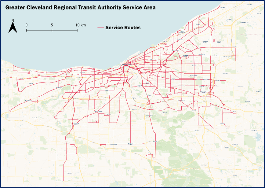 A map of the Regional Transit Authority (RTA) service area in Cleveland.