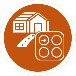 A house with a driveway. Sitting at the end of the driveway is a signal with four circles. In the top left circle, there is a right pointing arrow.