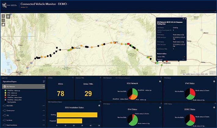 A screenshot of WYDOT's performance measurement dashboard, displaying a map of the WYDOT CV Pilot corridor along I-80 and various health/performance metrics in the form of pie charts and bar graphs. 