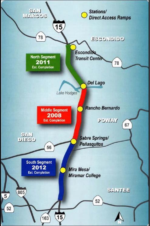 Route of San Diego's Integrated Corridor Management system. The system begins just south of Mira Mesa, California and ends at the Escondido Transit Center ins Escondido, California.
