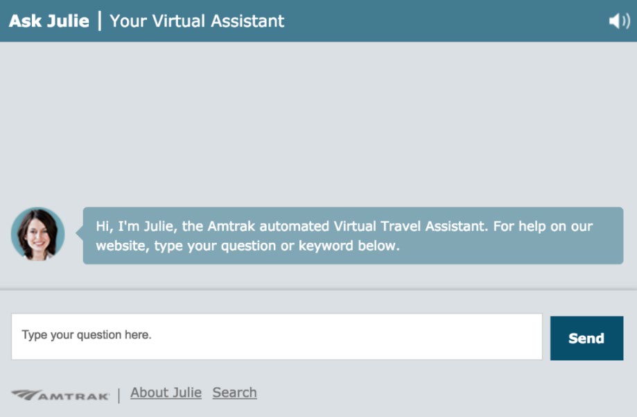 Screenshot of Amtrak's AI program Julie chat function. 