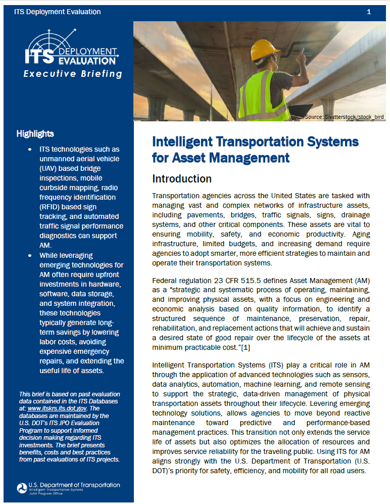 First page of 2025 Executive Briefing on Intelligent Transportation Systems Asset Management
