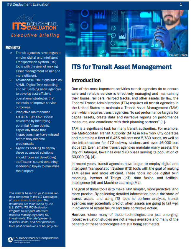 Cover Page of ITS for Transit Asset Management Executive Briefing