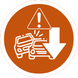 Two cars crashing with a caution symbol above the crash and a down arrow superimposed over the crash icon