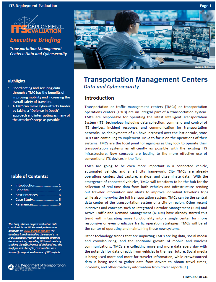Cover Page of the Transportation Management Centers: Data and Cybersecurity Executive Briefing