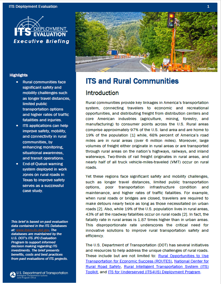 Thumbnail of the first page of the 2024 Executive Briefing on ITS and Rural Communities