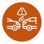 An illustration of a car almost colliding with the back of the car in front of them. An exclamation mark inside of a triangle is floating above this potential collision to signify a warning.