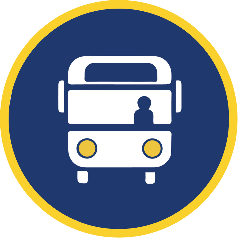 Icon of a white transit bus on a blue background with a yellow border. The bus's headlights are highlighted in yellow, and there is an outline of a bus driver on the right side of the bus.