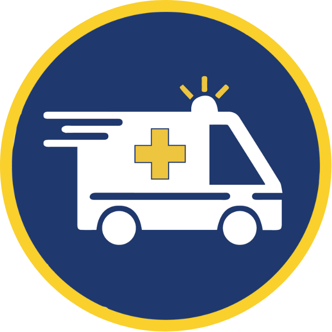 An ambulance moving to the right with its top light flashing