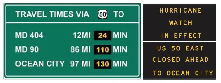 An image depicting the planned traveler information signs, with the alternative route travel time information sign on the left and the dynamic message sign on the right.
