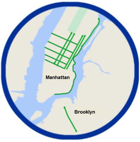 Map of the connected vehicle corridors in Manhattan and Brooklyn