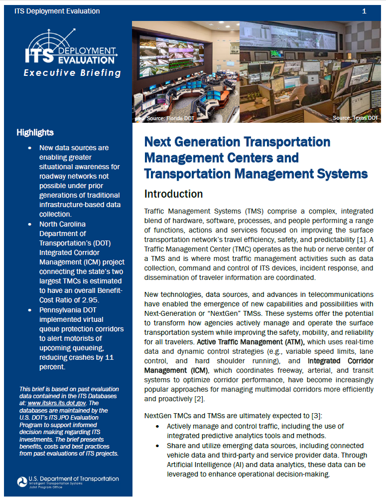 First page of 2025 Executive Briefing on Next Generation Transportation Management Centers and Transportation Management Systems 