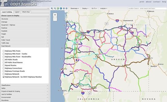 ODOT TransGIS interface depicting a map of the United States.