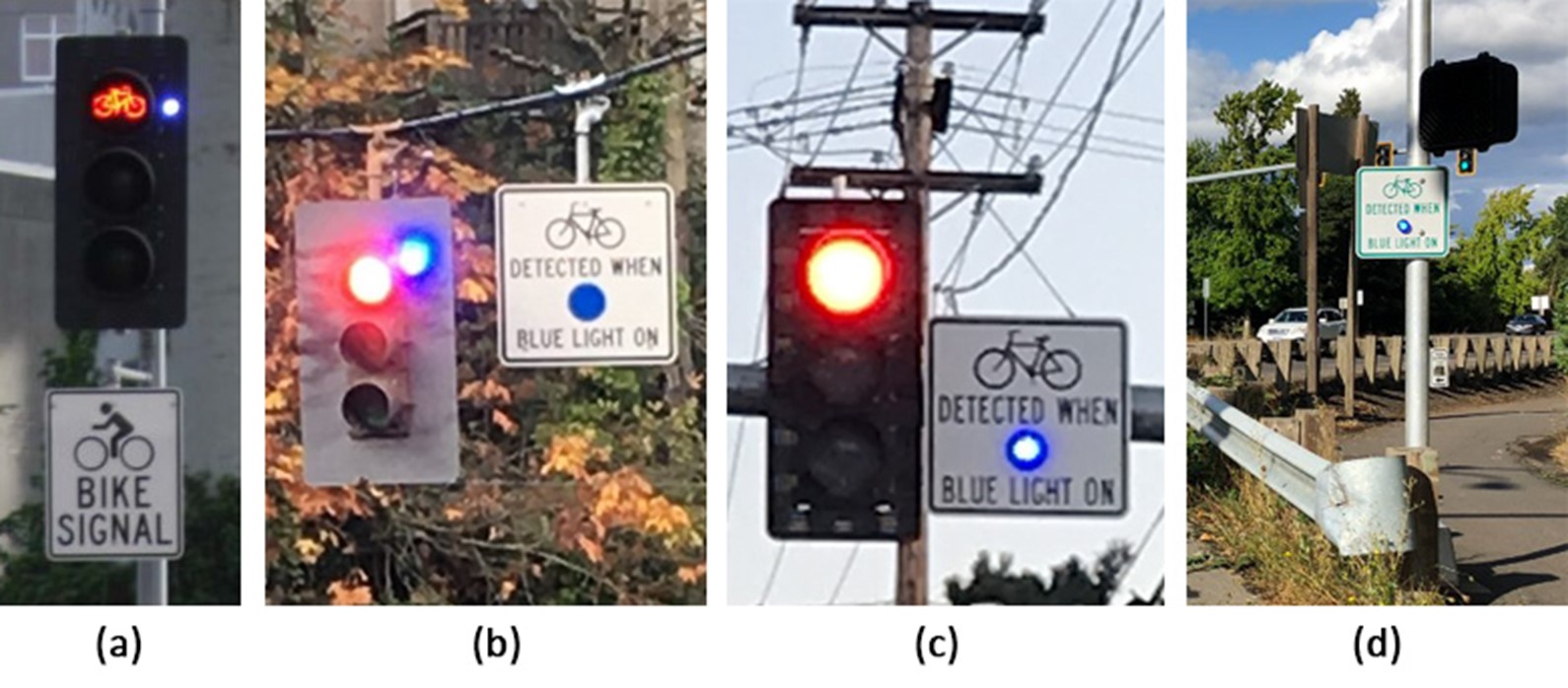 Blue detection confirmation light in a) backplate, b) backplate with supplemental sign, far-side, c) embedded in supplemental sign, d) embedded in supplemental sign, near-side