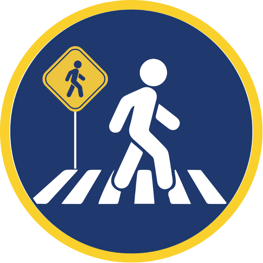 Icon of a pedestrian crossing a marked crosswalk with pedestrian warning sign on a blue background with yellow border.