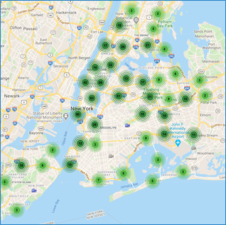 Map of the available public traffic camera locations in NYC. Each green dot is associated with the number of cameras in nearby regions.