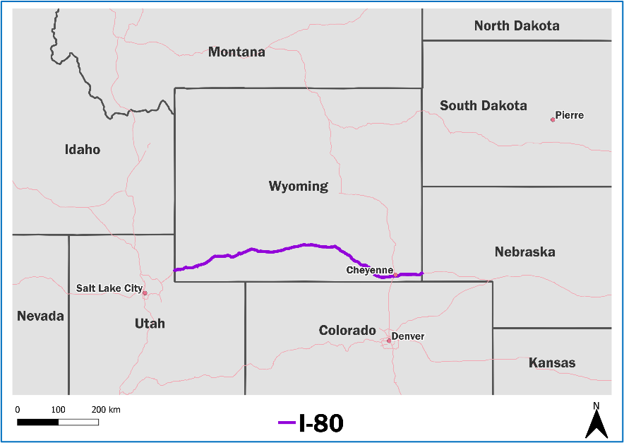 Map of I-80 in Wyoming which runs from the Eastern border of Wyoming and Nebraska to the Western border of Wyoming with Utah.