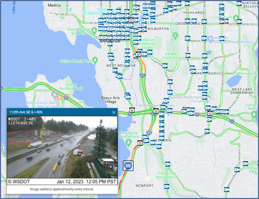 Figure 4 shows a screenshot of a dashboard for Bellevue traffic cameras. Shows a map of the area with all of the traffic cameras as icons. In the corner, shows a live video feed for one of the cameras that was selected.