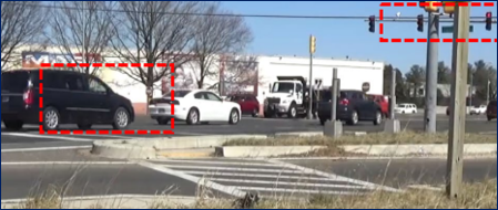 A busy road with cars. A car is highlighted by a dashed red rectangle and a camera is highlighted by a dashed red rectangle.