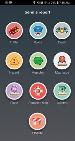 Screenshot of the interface of the Waze smartphone application, with menu options shown for Traffic, Police, Crash, Hazard, Map chat, Map issue, Place, Roadside Help, Camera and Closure. 