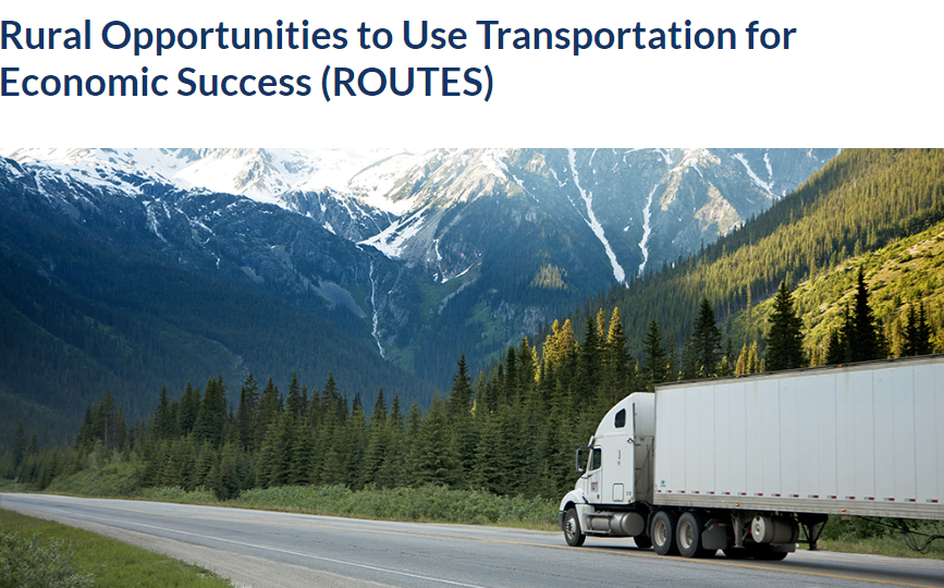 Screenshot of the ROUTES homepage, with the full title of the program above a picture of a semi-truck driving on a rural road with mountains and trees in the background.