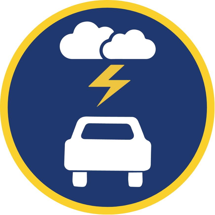 Car driving forward under two clouds getting struck by a lightning bolt