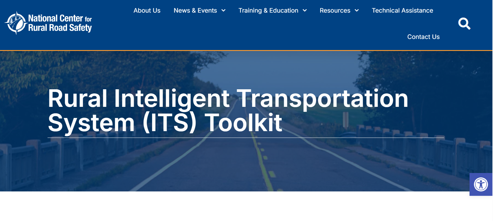Screenshot of the Rural ITS Toolkit homepage with the words "Rural Intelligent Transportation System (ITS) Toolkit set on a background image of a rural highway.