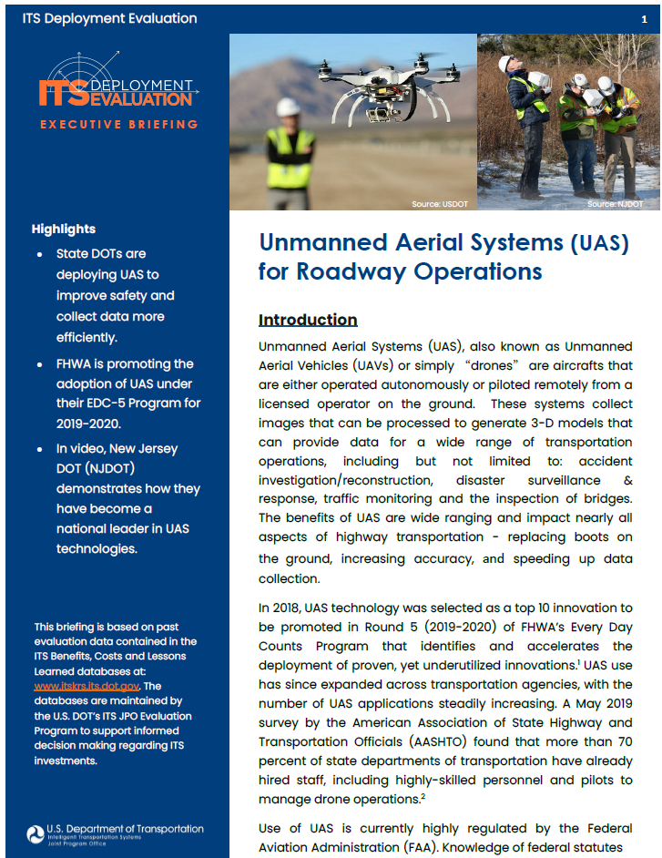 Cover Page for the UAS for Roadway Operations 2020 Executive Briefing