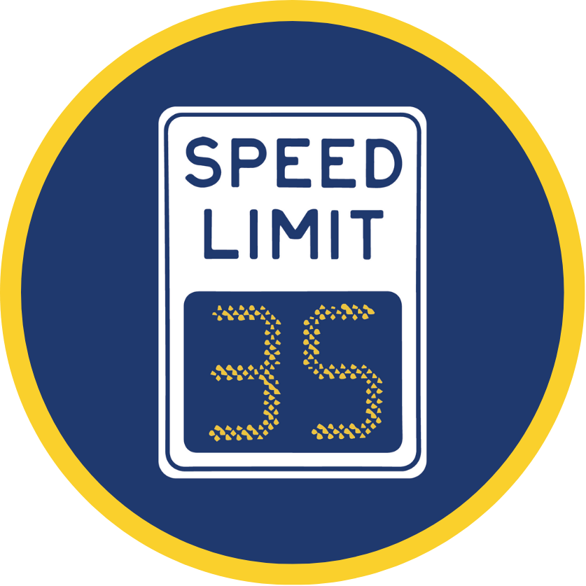 Icon of a speed limit sign with a yellow border, featuring a white speed limit sign in the center, with the number 35 in the sign in yellow.
