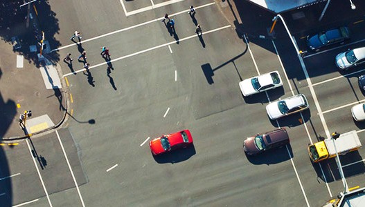 Aerial view of cars in an intersection (Source: FHWA)