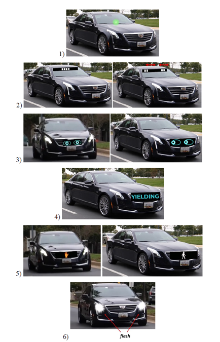 Six different external human-machine interface (eHMI) designs are shown on a black Cadillac sedan.